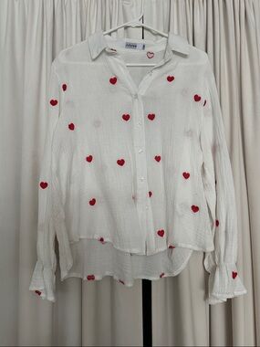 Jubylee White Embroidered Heart Gauze Blouse, Size S/M